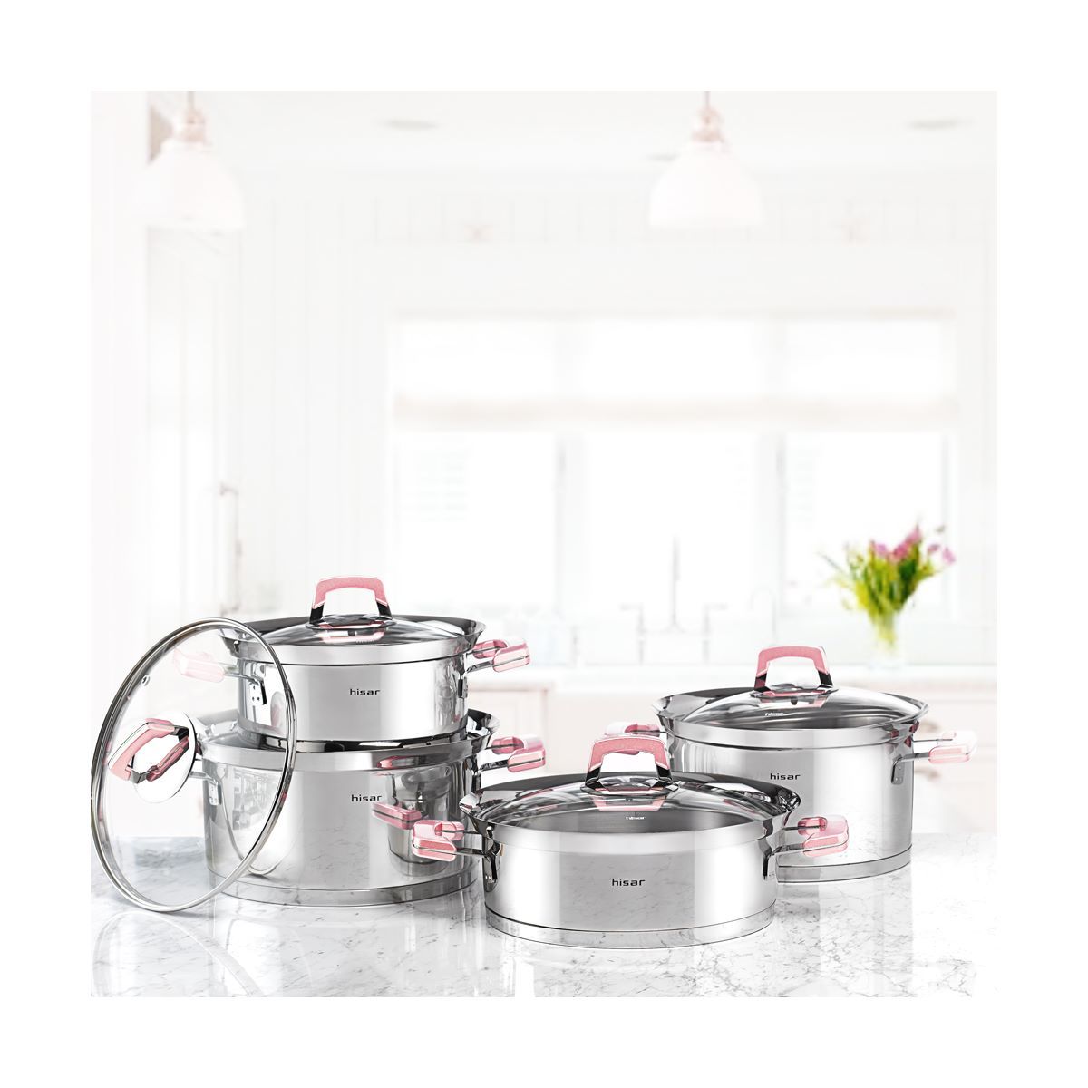 Hisar Venüs Pembe 8 Parça Çelik Tencere Seti
